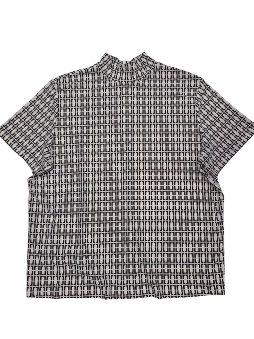 Anne Klein Womens 3X Mock Neck Top Black White Geometric Back Zip Short Sleeve